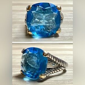Designer DS ID Sterling Silver & 14K Gold Faceted Blue Topaz Ring, Size 6.5